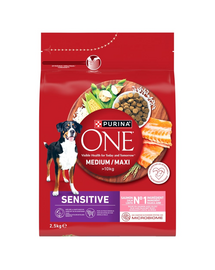PURINA ONE Medium/Maxi Adult Sensitive cu somon și orez 2,5 kg hrană câini medii și mari cu digestie sensibilă