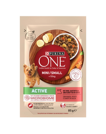 PURINA ONE Mini/Small Active vită și cartofi în sos, hrană câini mici activi 85 g