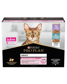 Plicuri pentru pisici PURINA PRO PLAN Delicate Digestion 10x85g cu sistem digestiv sensibil, mix curcan și pește oceanic în sos