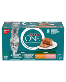 Hrană pentru pisici adulte plicuri PURINA ONE Adult Terrine 4x85 g mix cu pui, somon și morcovi