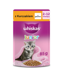 Hrană umedă pisoi în gelatină WHISKAS Junior 85 g plic cu pui