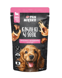 PAN MIĘSKO Bucățele în sos cu vițel și prepeliță, hrană umedă pentru căței 150 g