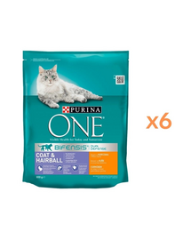 PURINA ONE Coat & Hairball 6x800 ghrană pisici adulte, cu pui și cereale integrale, pentru blană și ghemotoace de păr