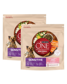 PURINA ONE Mini Small Sensitive Salmon & Rice 2x1,5 kg hrană uscată pentru câini de talie mică cu digestie sensibilă, cu somon și orez