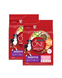 PURINA ONE Medium Maxi Adult Sensitive Salmon & Rice 2x2,5 kg hrană uscată pentru câini adulți de talie medie și mare cu digestie sensibilă, cu somon și orez