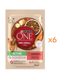 PURINA ONE Mini Small Active Beef 6x85 g hrană umedă pentru câini de talie mică, cu vită și cartofi în sos