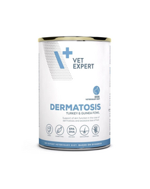 Hrană pentru câini cu dermatoze și intoleranță VET EXPERT Veterinary Diet Dermatosis, 400 g curcan și bibilică