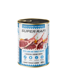 SUPER RAFI Pate cu miel și inimi de curcan 400 g pentru câini adulți