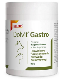 Supliment digestiv pudră pentru câini și pisici cu sensibilitate intestinală DOLFOS Dolvit Gastro 80 g cu acid butiric și inulină
