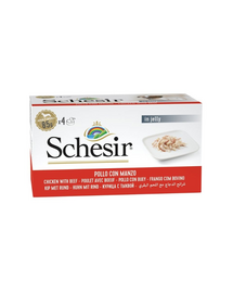 Hrană umedă câini mici Schesir pui cu vită în jeleu 4x85 g