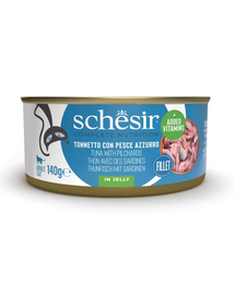 Hrană umedă pisici ton și sardine SCHESIR în jeleu 140 g