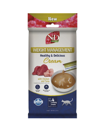 Snack cremos pisici adulte cu tendință de îngrășare FARMINA N&D Quinoa Weight Management 4x15 g cu pui și ton