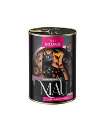 MAU Pate & Filet hrană umedă 400 g pisici sterilizate, cu gâscă, iepure și zmeură