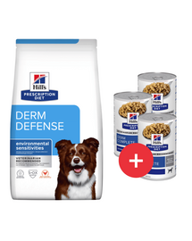 HILL'S Prescription Diet Canine Derm Defense 12 kg pentru câini cu alergii + 3 conserve GRATIS