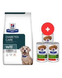 HILL'S Prescription Diet w/d Diabetes Care Chicken Adult 10 kg dla psów ze skłonnością do nawagi / po kastracji + 3 x 370g karmy dla psa GRATIS