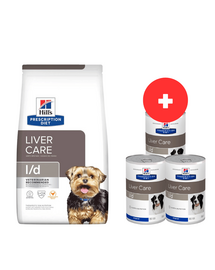 HILL'S Prescription Diet Canine l/d Liver Care 10 kg dla psów z problemami z wątrobą + 3 x 370g karmy dla psów GRATIS