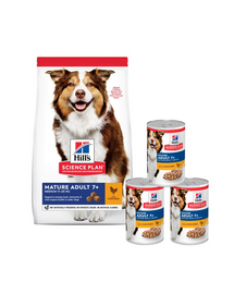 HILL'S Science Plan Canine Mature Adult Chicken 14 kg pentru caini seniori + 3 conserve GRATIS
