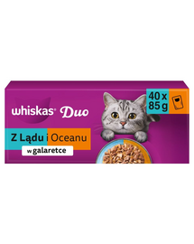 Hrană umedă pisici adulte WHISKAS Duo Adult 40x85 g mix duo cod și pui, somon și curcan în jeleu