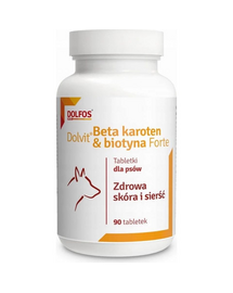 Supliment câini cu blană fragilă sau cădere excesivă DOLFOS Dolvit Beta Karoten & Biotyna Forte, 90 tablete cu biotină și beta-caroten