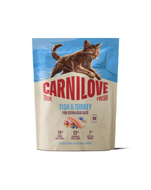 Hrană pentru pisici sterilizate CARNILOVE True Fresh Cat Fish and Turkey Sterilised 400 g cu pește și curcan