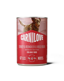 Hrană umedă câini CARNILOVE Dog Can curcan, ren și mistreț, pate 400 g