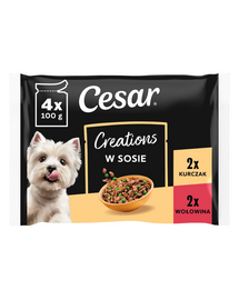CESAR Creations 4x100 g hrană câini adulți, pui cu mazăre și vită cu morcov în sos