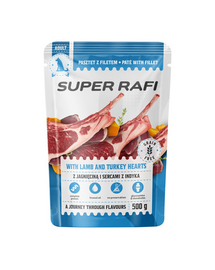 SUPER RAFI hrană umedă pentru câini, cu miel și inimi de curcan 500 g