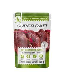 SUPER RAFI hrană umedă pentru câini, cu carne de cerb și inimi de rață 500 g