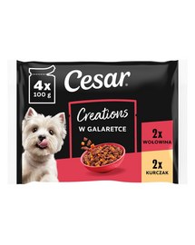 CESAR Creations în gelatină 4x100 g hrană umedă câini adulți, pui cu mazăre și vită cu morcov