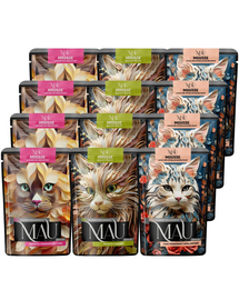 MAU Mousse Mix Sterilised 12x85 g hrană umedă pentru pisici sterilizate, cu miel, somon și vânat