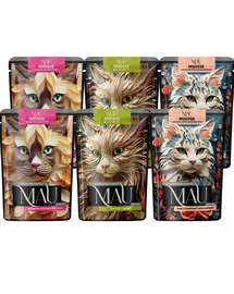 MAU Mousse Mix Sterilised hrană umedă pentru pisici sterilizate, cu miel, somon și vânat 6x85 g
