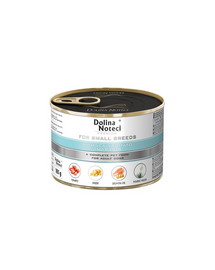 DOLINA NOTECI Premium Small hrană umedă pentru câini adulți de talie mică, cu vițel, roșii și paste 185 gDOLINA NOTECI Premium Small cu vițel, roșii și paste este o hrană umedă completă pentru câini adulți de talie mică și foarte mică. Rețeta combină carne și organe de vită, porc, pui și vițel cu ouă, roșii și paste, într-o porție de 185 g adaptată câinilor de dimensiuni mici.  Formula furnizează proteine de origine animală, acizi grași nesaturați, vitamine și minerale și este completată cu semințe de psyllium, ulei de somon și Yucca Mojave.  Beneficii principale:  hrană completă pentru câini adulți de talie mică și foarte mică;  conține 6% vițel, alături de vită, porc și pui;  cu 4% roșii și 4% paste;  conține 0,3% semințe de psyllium;  cu 0,2% ulei de somon, sursă de acizi grași;  conține Yucca Mojave;  formulă cu vitamine și minerale pentru o alimentație completă;  fără arome sintetice, potențiatori de gust și coloranți declarați;  valoare energetică de 100 kcal/100 g.  Compoziție:  Vită 30% (carne, plămâni, inimi, stomac), porc 24% (carne, rinichi, esofag, ficat), pui 15% (carne, stomac, ficat), supă, vițel 6% (ficat), ouă 5%, roșii 4%, paste 4%, substanțe minerale, semințe de psyllium 0,3%, ulei de somon 0,2%, Yucca Mojave 0,02%.  Constituenți analitici:  Proteine brute: 11%  Grăsimi brute: 6,5%  Cenușă brută: 2%  Fibre brute: 0,6%  Umiditate: 78%  Calciu: 0,3%  Fosfor: 0,25%  Aditivi nutriționali/kg:  Vitamina D3: 450 UI  Vitamina E: 40 mg  Zinc, oxid de zinc: 30 mg  Mangan, oxid de mangan (II): 2 mg  Cupru, sulfat de cupru (II) pentahidrat: 0,4 mg  Iod: 0,3 mg  Valoare energetică:  100 kcal/100 g  Recomandări de hrănire:  Câine de 2 kg: 1 conservă/zi  Câine de 3 kg: 1,5 conserve/zi  Câine de 4 kg: 2 conserve/zi  Câine de 5 kg: 2,5 conserve/zi  Cantitatea zilnică poate fi ajustată în funcție de nivelul de activitate, vârsta și condiția corporală a câinelui.  Asigură permanent accesul la apă proaspătă și curată.