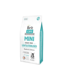 BRIT Care Grain Free Mini light & sterilised rabbit & salmon 7 kg hrana uscata caini adulti talie mica cu tendinta de ingrasare, somon si iepure