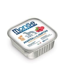 MONGE Fruit Dog Monoprotein hrană umedă pentru câini, cu rață și zmeură 150 g