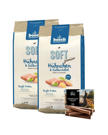 BOSCH Soft Junior Hrana uscata cu pui si cartofi dulci pentru cainii junior 2 x 12,5 kg + recompense sticks 7 buc