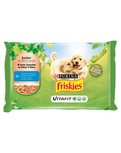 FRISKIES Junior hrana umeda pentur caini juniori, cu pui si morcov in sos 4x100g