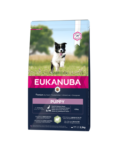 EUKANUBA Dog Puppy Small & Medium Breed Lamb & Rice hrana uscata caini juniori talie mica/medie, miel si orez 2.5 kg