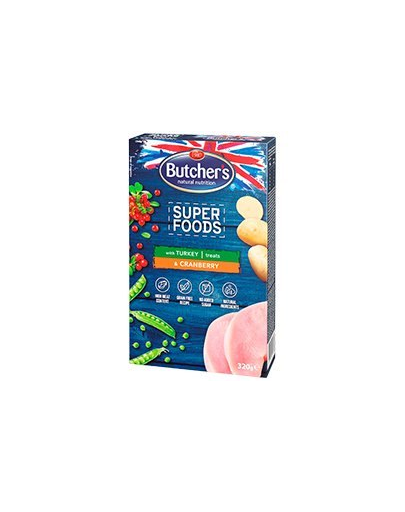 BUTCHER'S Superfoods Treats Recompense pentru caini adulti, cu merisoare si curcan 6 x 320 g