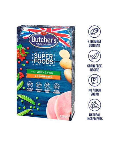 BUTCHER'S Superfoods Treats Recompense pentru caini adulti, cu merisoare si curcan 6 x 320 g