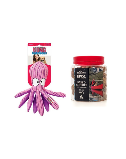 KONG SET jucarie caracatita Kong + recompense SIMPLY FROM NATURE pentru caini, cu merisoare 220 g