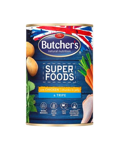 BUTCHER'S Dog Superfoods măruntaie și bucăți de pui în aspic 400 g