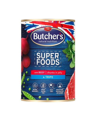 BUTCHER'S Super Foods Dog Tripe hrana umeda pentru caini, bucati de vita si legume in jeleu 400 g