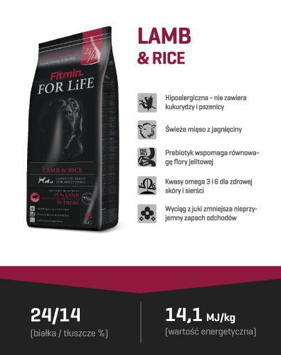 FITMIN Dog for Life Hrana uscata caini adulti, cu miel si orez 3 kg