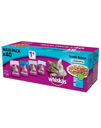 WHISKAS Adult plicuri hrana umeda pisici 40x100 g Arome de peste in jeleu somon, ton, cod, peste alb