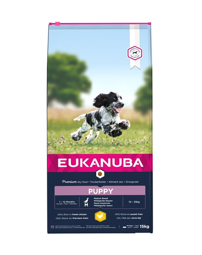 EUKANUBA Growing Puppy Medium Breed 15 kg Hrana pentru caini junior talie medie, bogat in pui proaspat