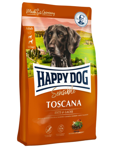 HAPPY DOG Supreme Toscana Hrana uscata pentru caini adulti, cu rata si somon 12.5 kg