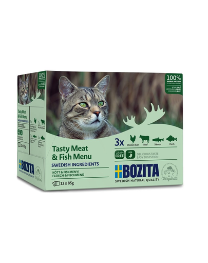 BOZITA Multibox Meat&Fish Menu Hrana umeda pentru pisici adulte, mix cu peste 12 x 85 g