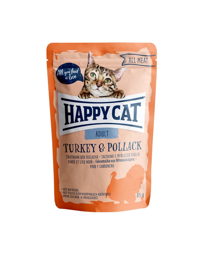 HAPPY CAT All Meat Hrana umeda pentru pisici adulte, cu curcan si cod, 85 g