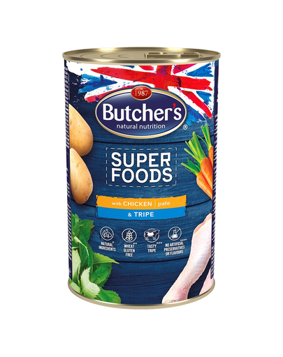 BUTCHER'S Superfoods Dog Tripe pate de pui cu măruntaie 1200 g