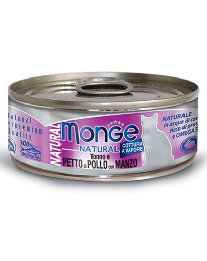 MONGE Natural Cat hrană umedă pentru pisici, cu ton, pui și vită 80g